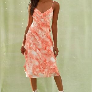 Lulus Summer at the Seaside Coral Pink Tie-Dye Ruffled Midi Dress Size Large